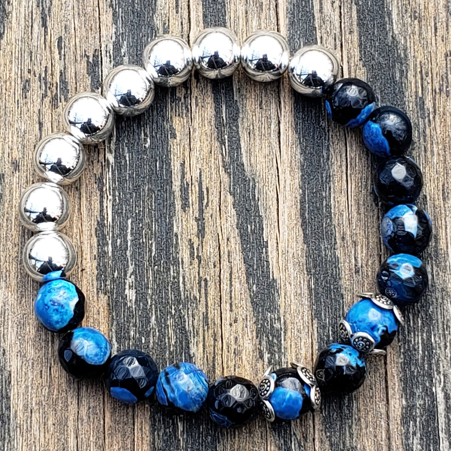 Blue And Black Agate and Silver Hematine Stretch Bracelet Item JL27