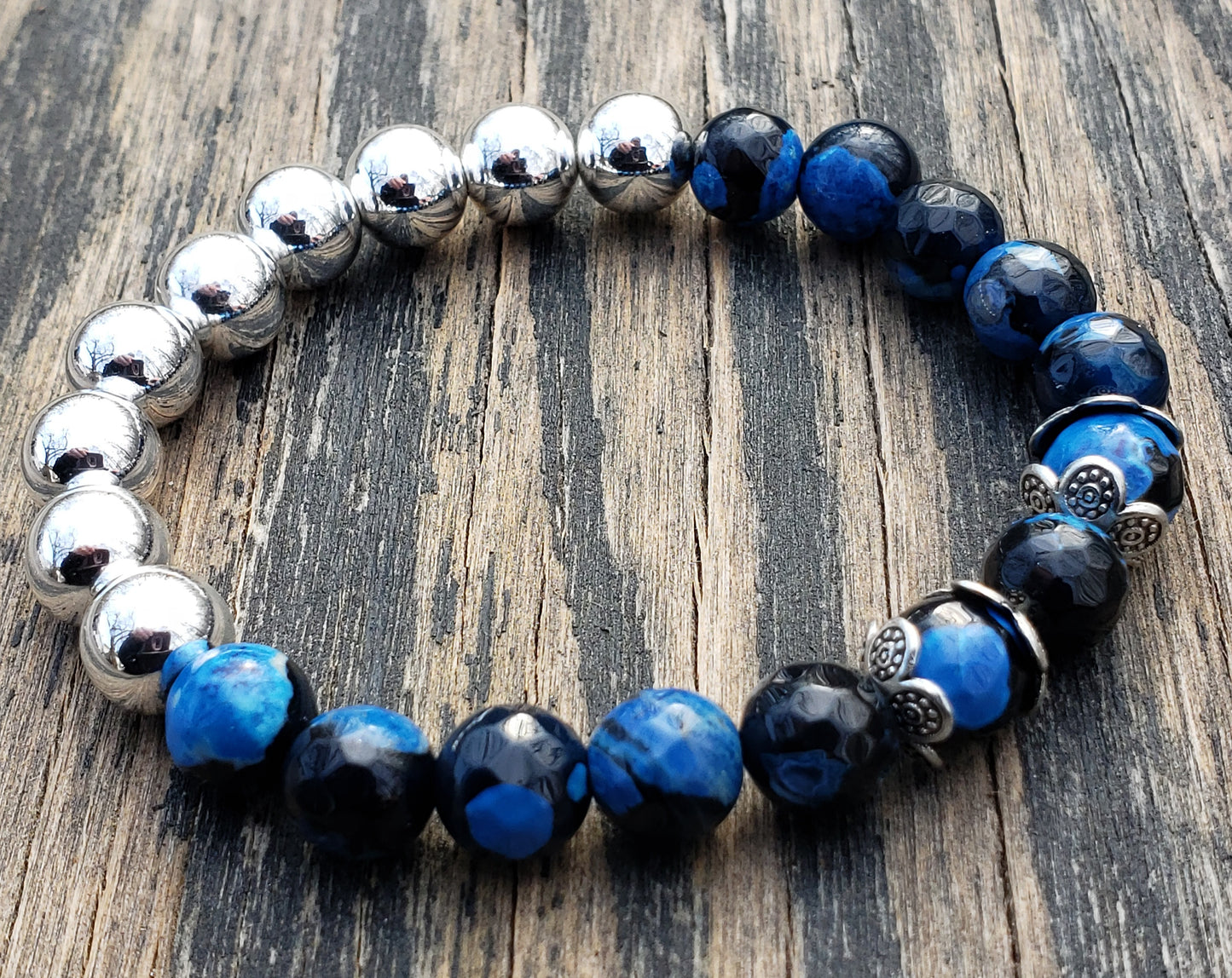 Blue And Black Agate and Silver Hematine Stretch Bracelet Item JL27