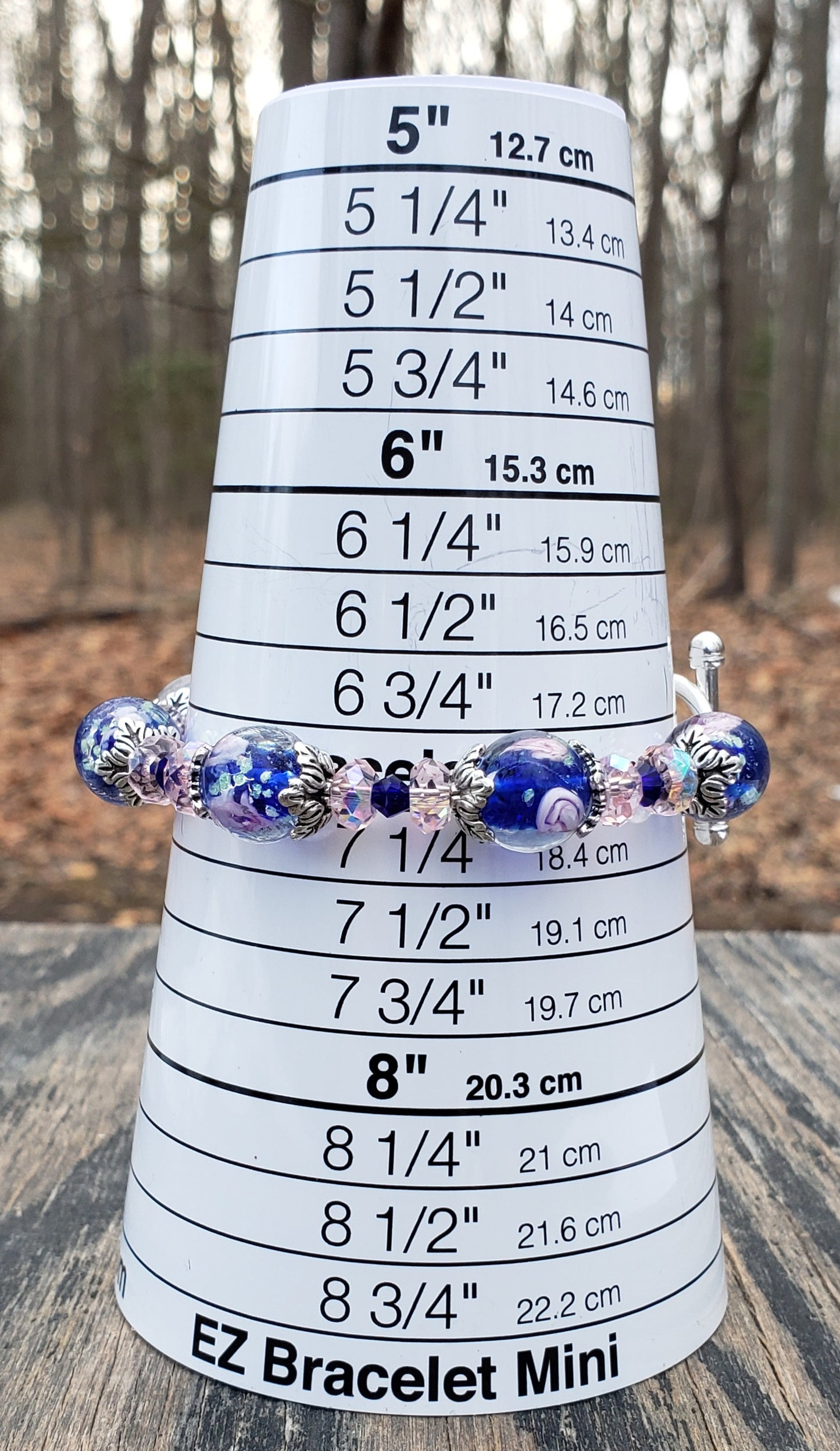 Blue and Pink Flower Lampwork Glass Beaded Bracelet JL21