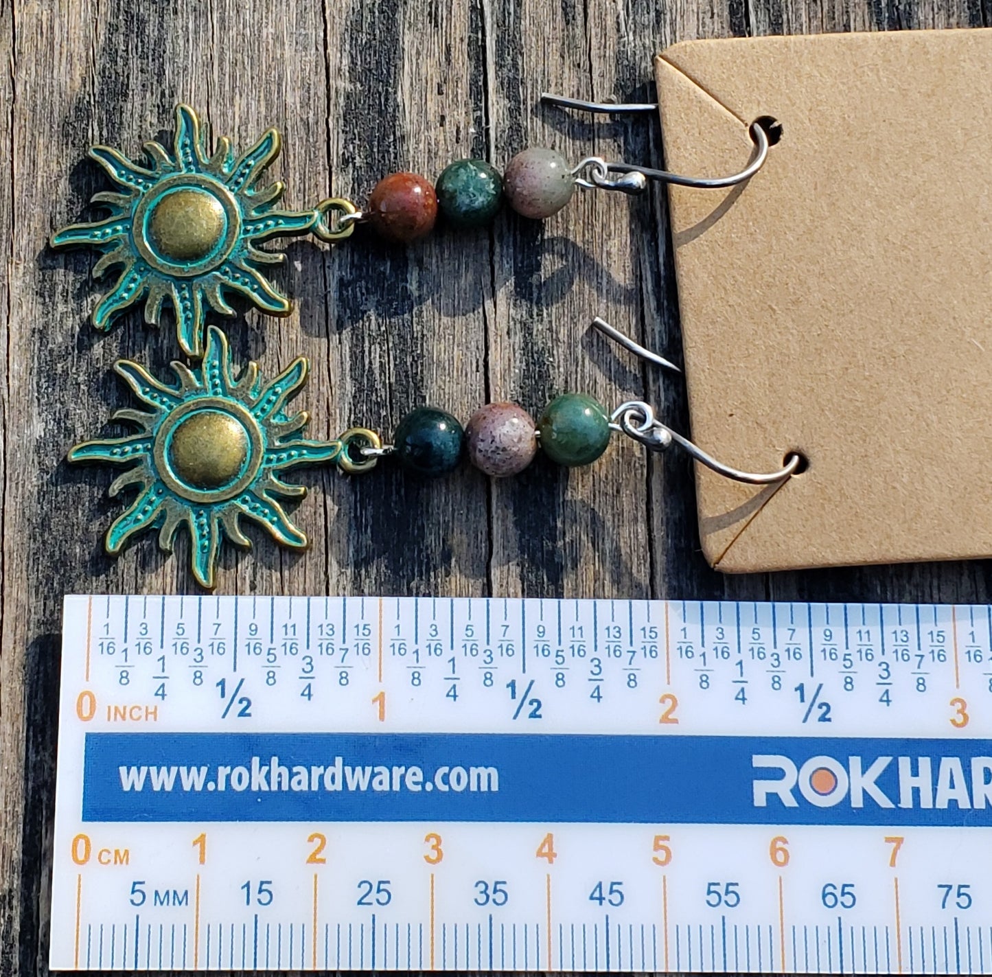 Indian Agate and Green Patina Sun Sterling Silver EarringsItem JL219