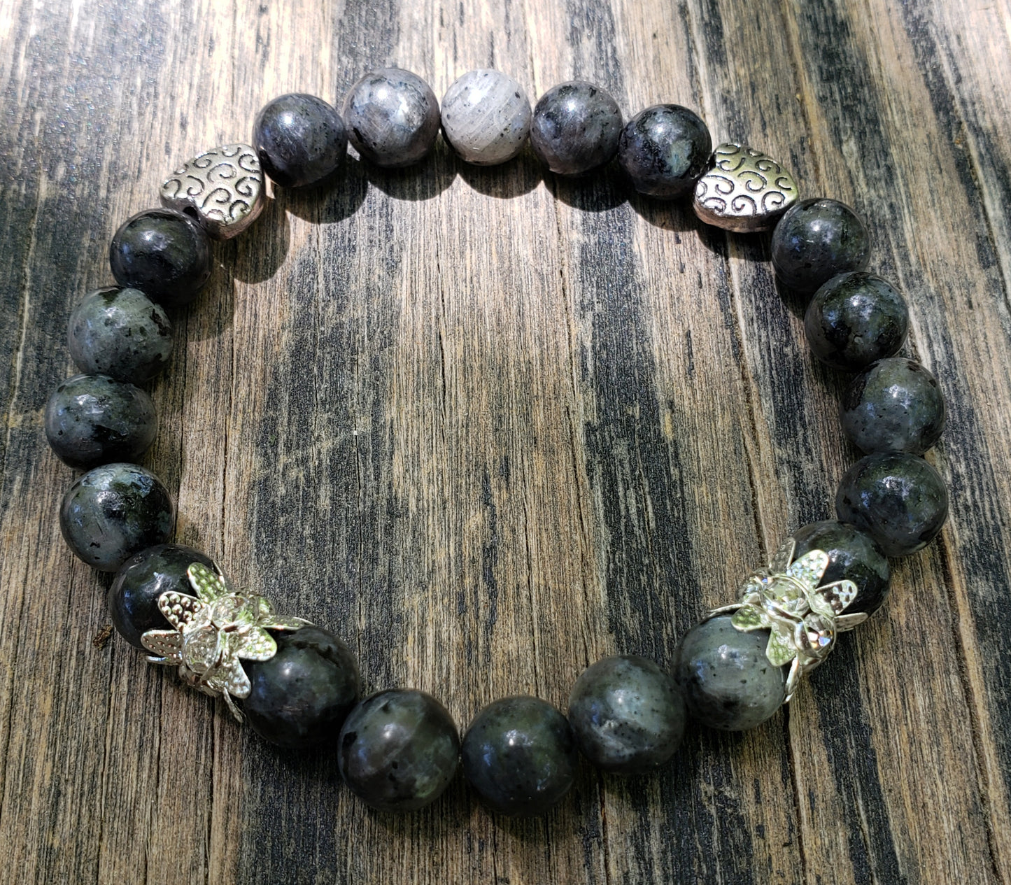 Larvikite, Rhinestone and Heart Stretch Bracelet Item JL203