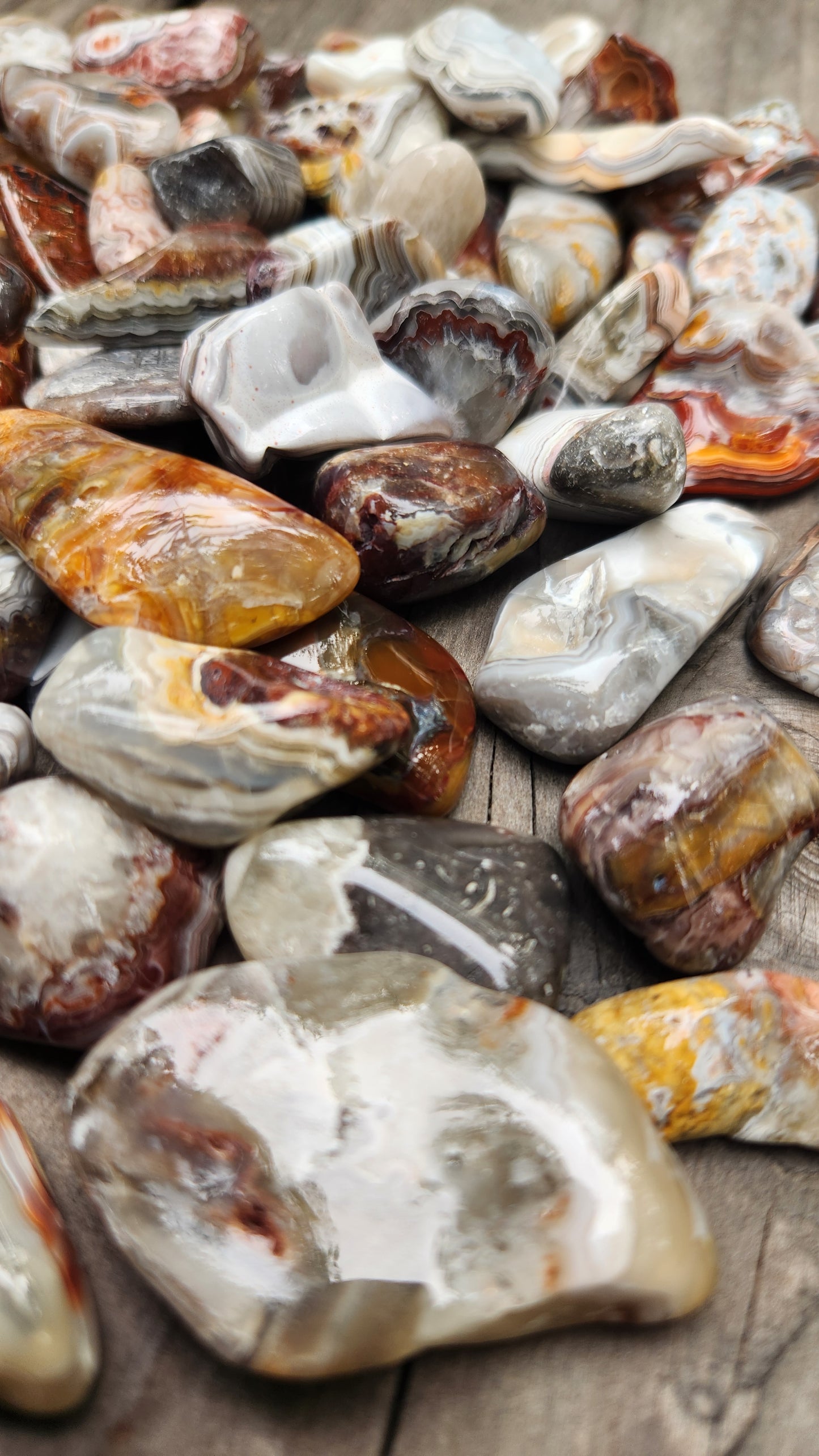 Tumbled Crazy Lace Agates, 2 Ounce Bag, Self Tumbled, Item TA386