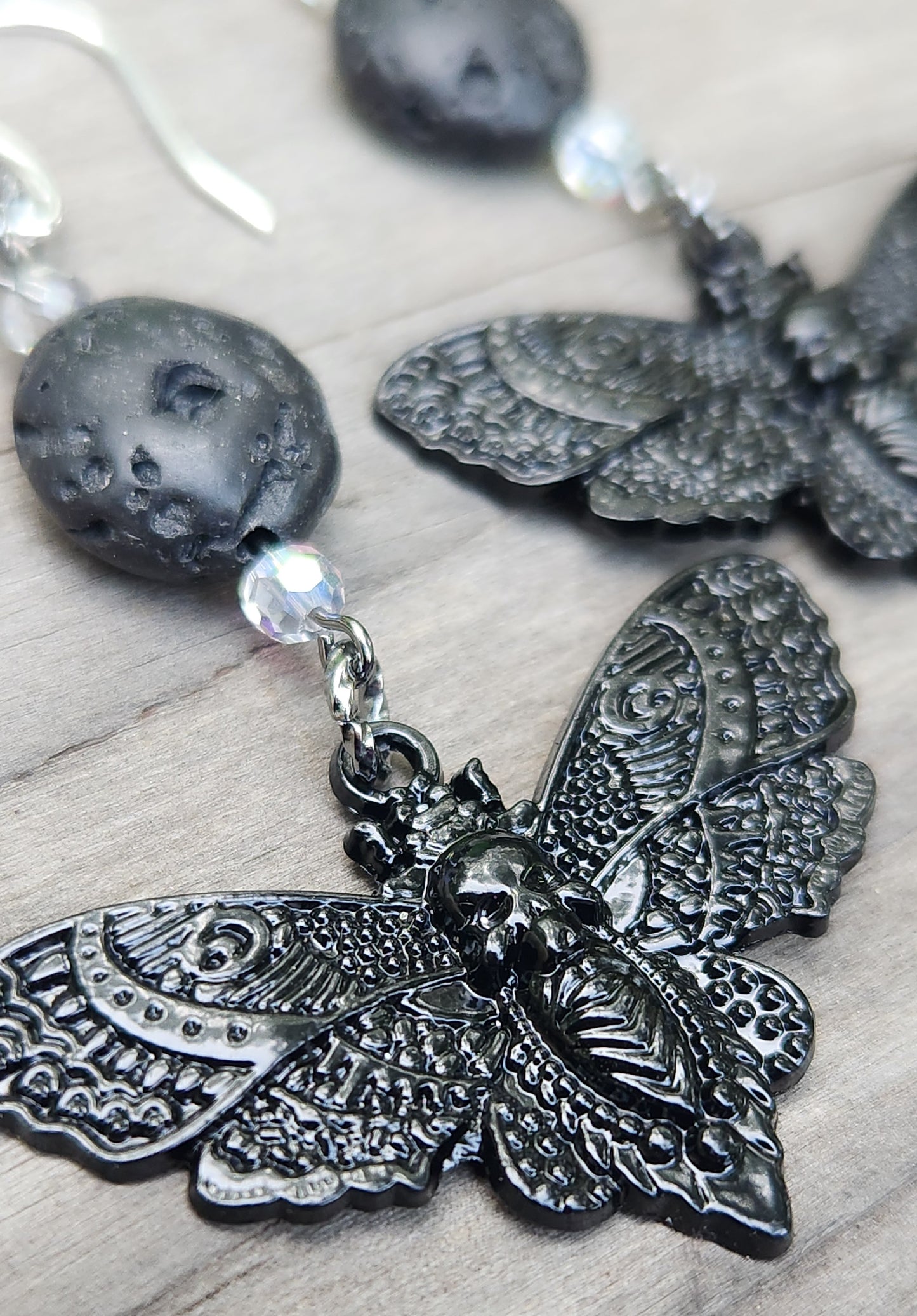 Deaths Head Moth and Lava Bead Sterling Silver Earrings Item JL446