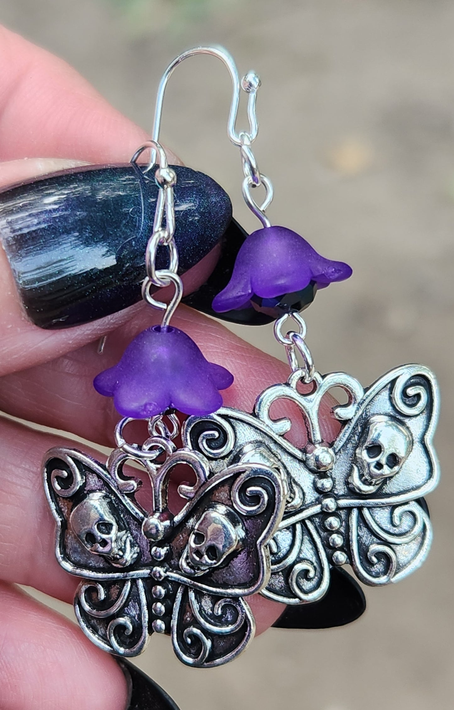 Gothic Butterfly Skull and Purple Flower Sterling Silver Earrings Item JL445