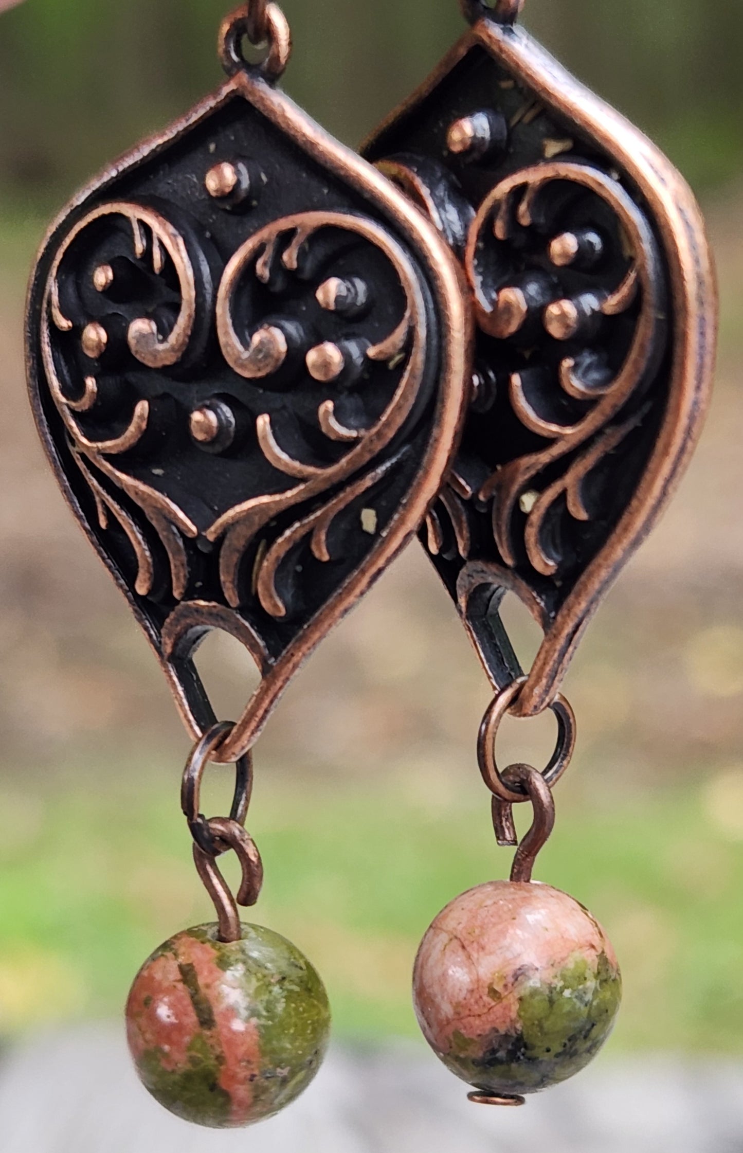Unakite and Red Copper Filigree Earrings Item JL450