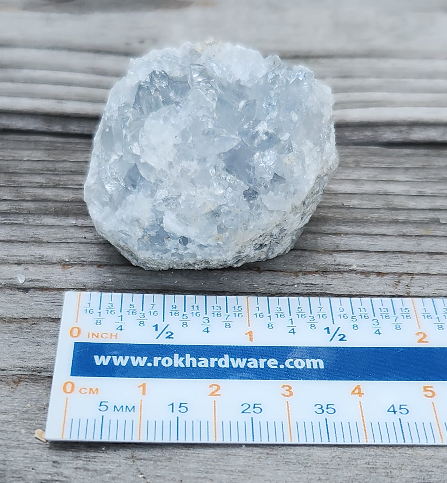Natural Celestite crystal cluster with ruler for size, item RC435