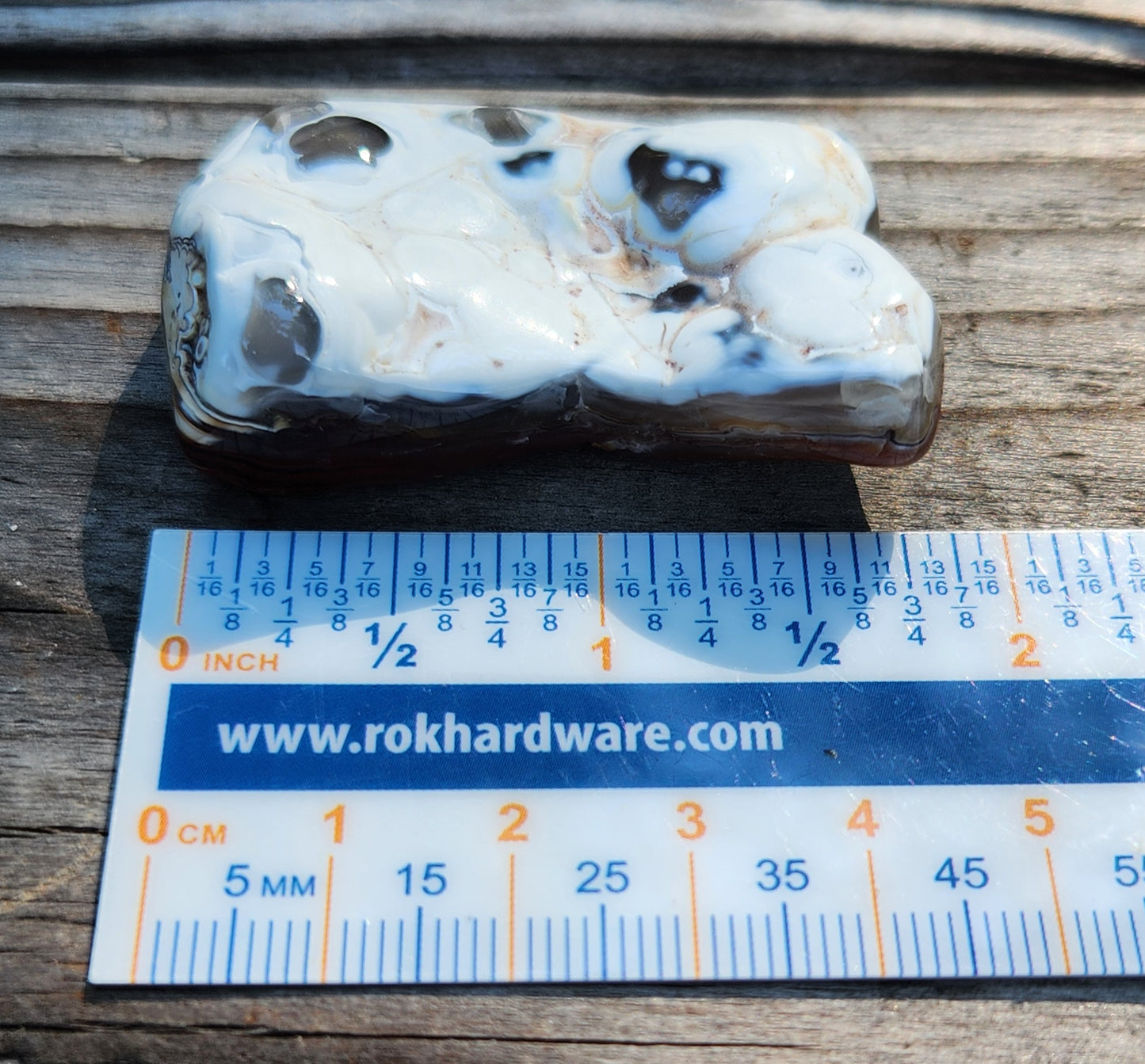Mexican Crazy Lace Agate shown with ruler for size reference, TA357