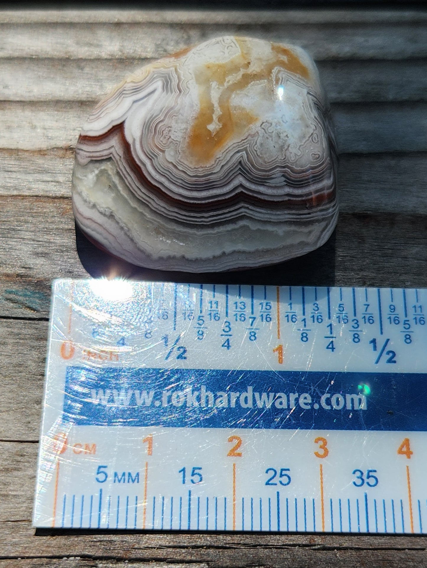 Mexican Crazy Lace Agate displayed with ruler for size reference, TA364