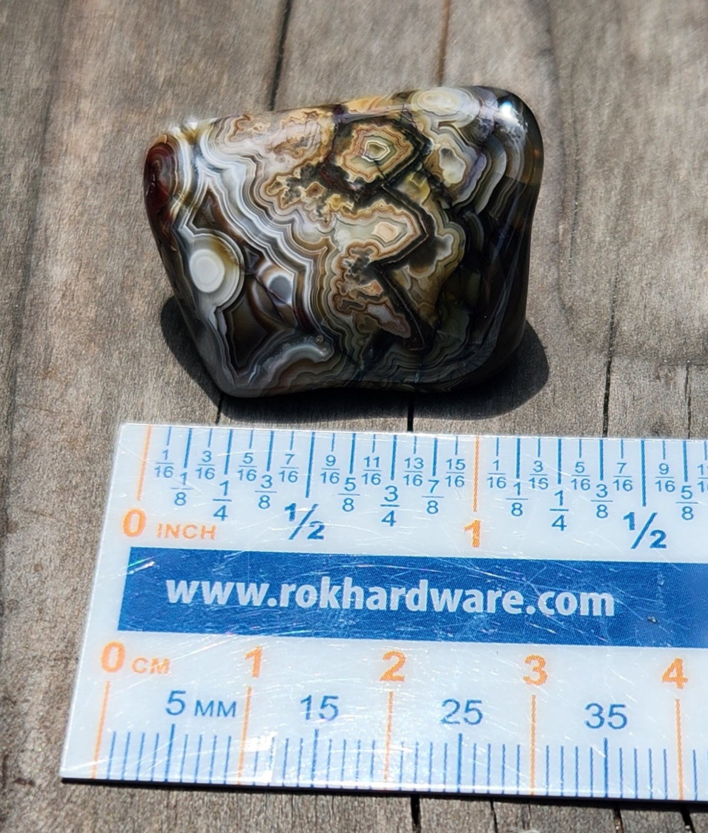 Mexican Crazy Lace Agate displayed with ruler for size reference, TA370