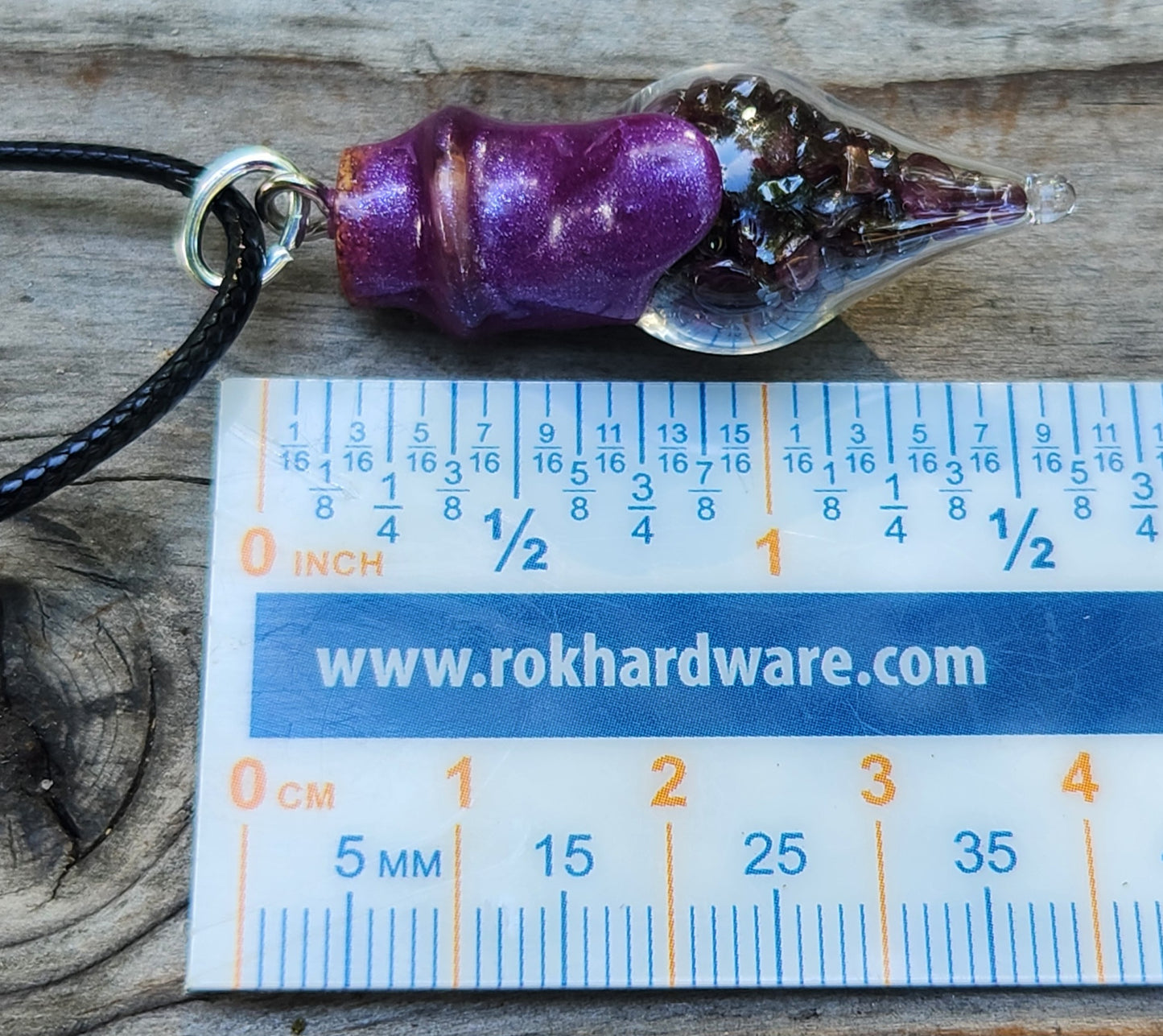 Tumbled garnet gemstone necklace in glass bottle pendant ruler