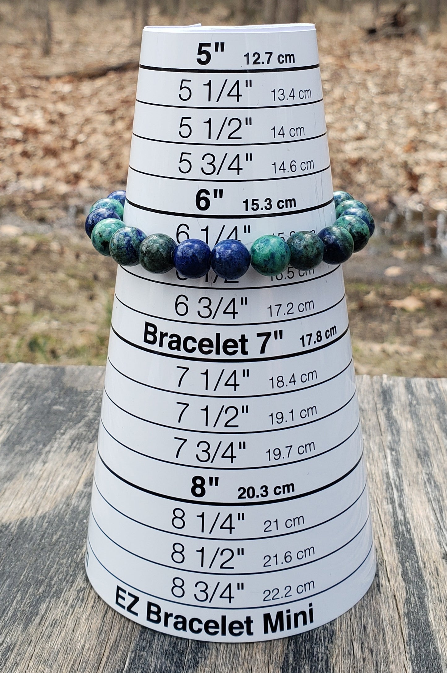 Natural gemstone malachite azurite bracelet on bracelet sizer