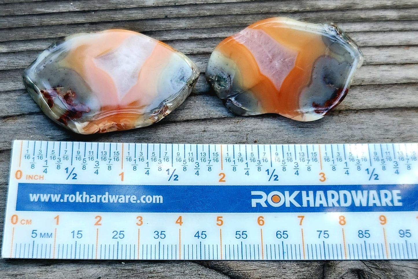 Mexican agate matching pair displayed with ruler TA329