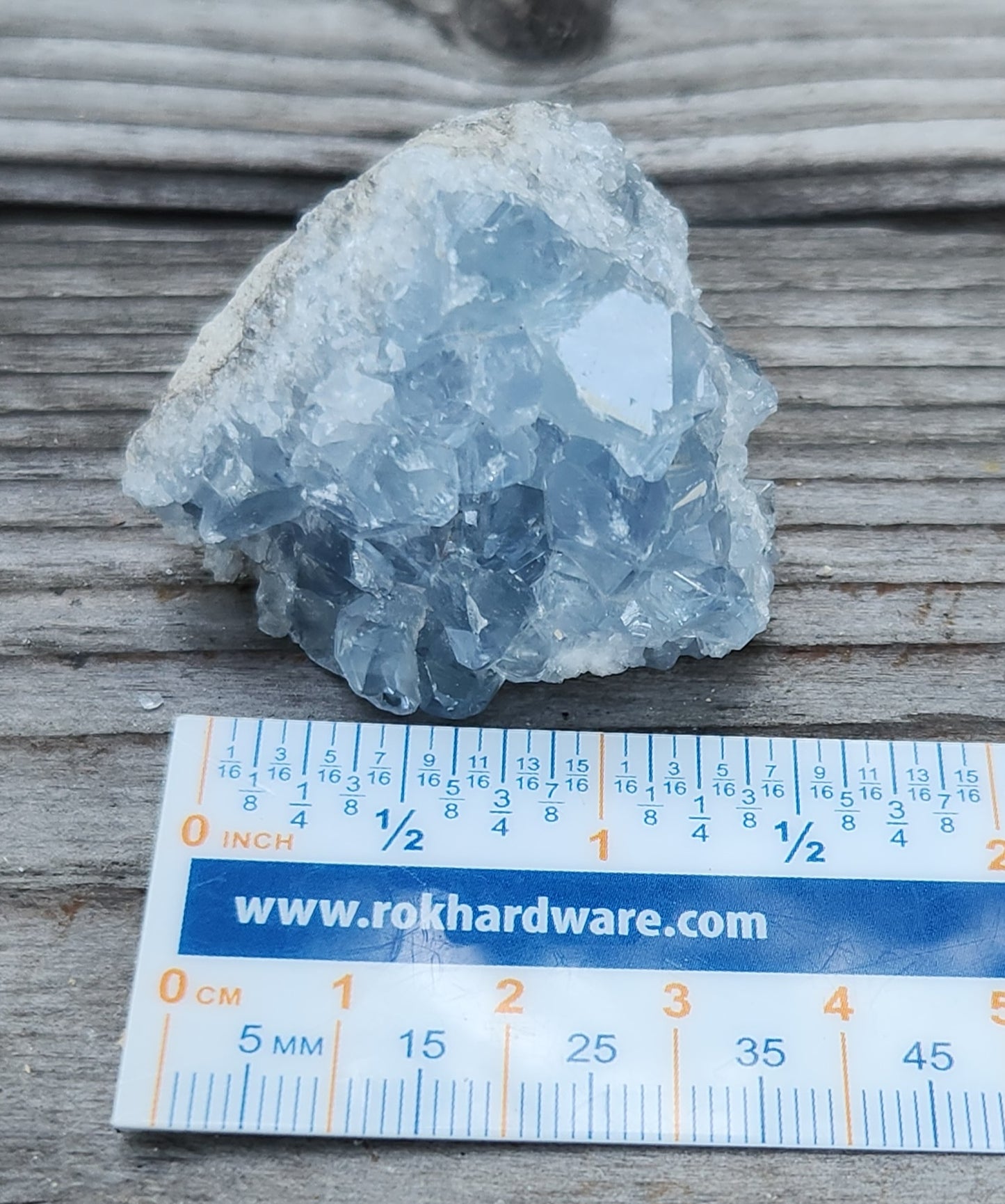 Natural Celestite crystal cluster with ruler for size, item RC433