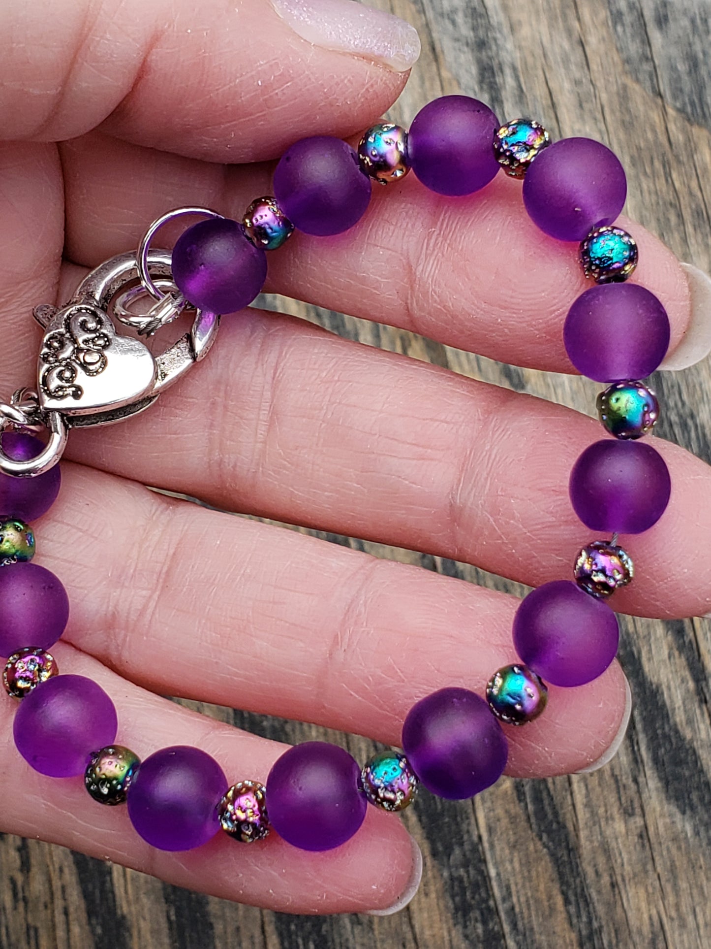 Purple Frosted Glass Bracelet with Lava Rock Beads JL15