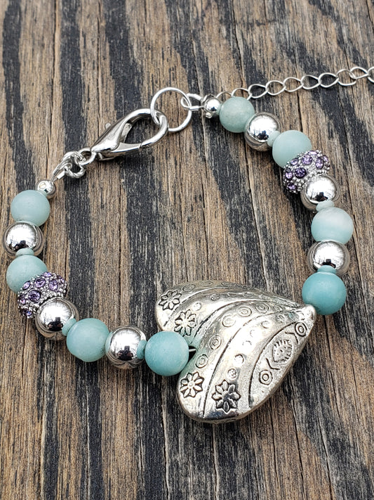 Amazonite Gemstone Bracelet with Big Silver Heart JL16