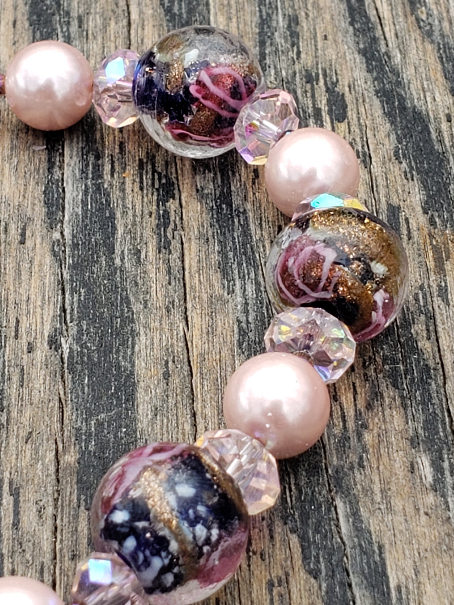 Pink, Dark Blue and Copper Lampwork Glass Beaded Bracelet JL20