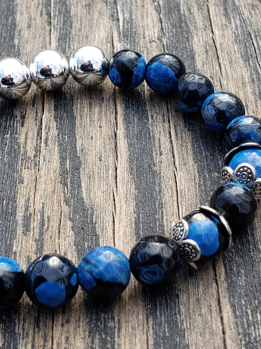 Blue And Black Agate and Silver Hematine Stretch Bracelet Item JL27