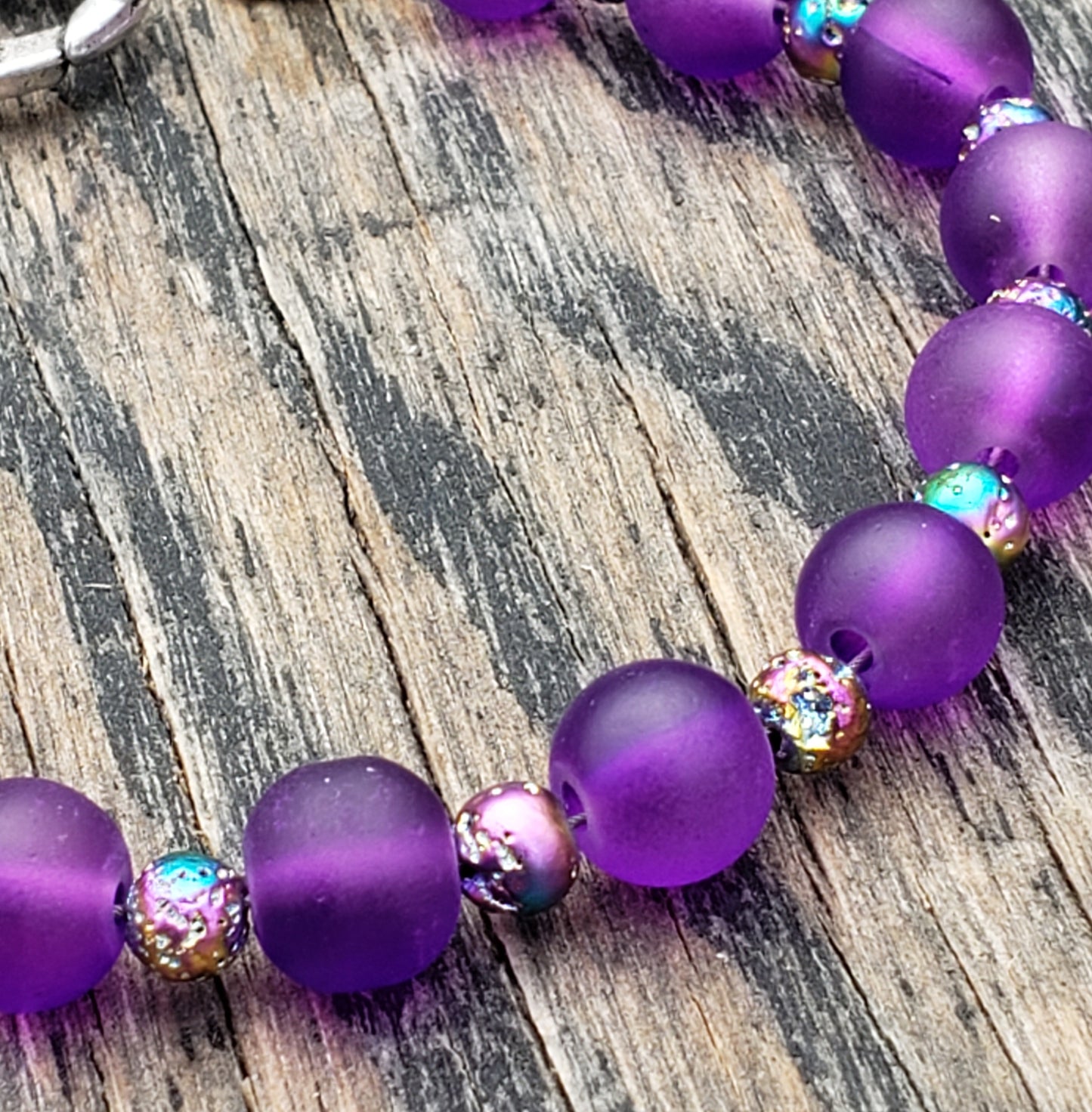 Purple Frosted Glass Bracelet with Lava Rock Beads JL15