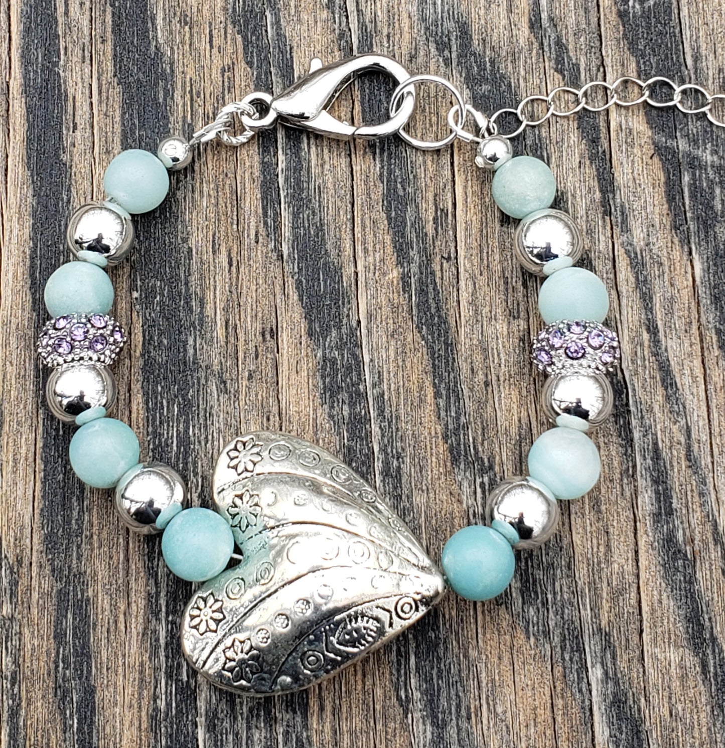 Amazonite Gemstone Bracelet with Big Silver Heart JL16