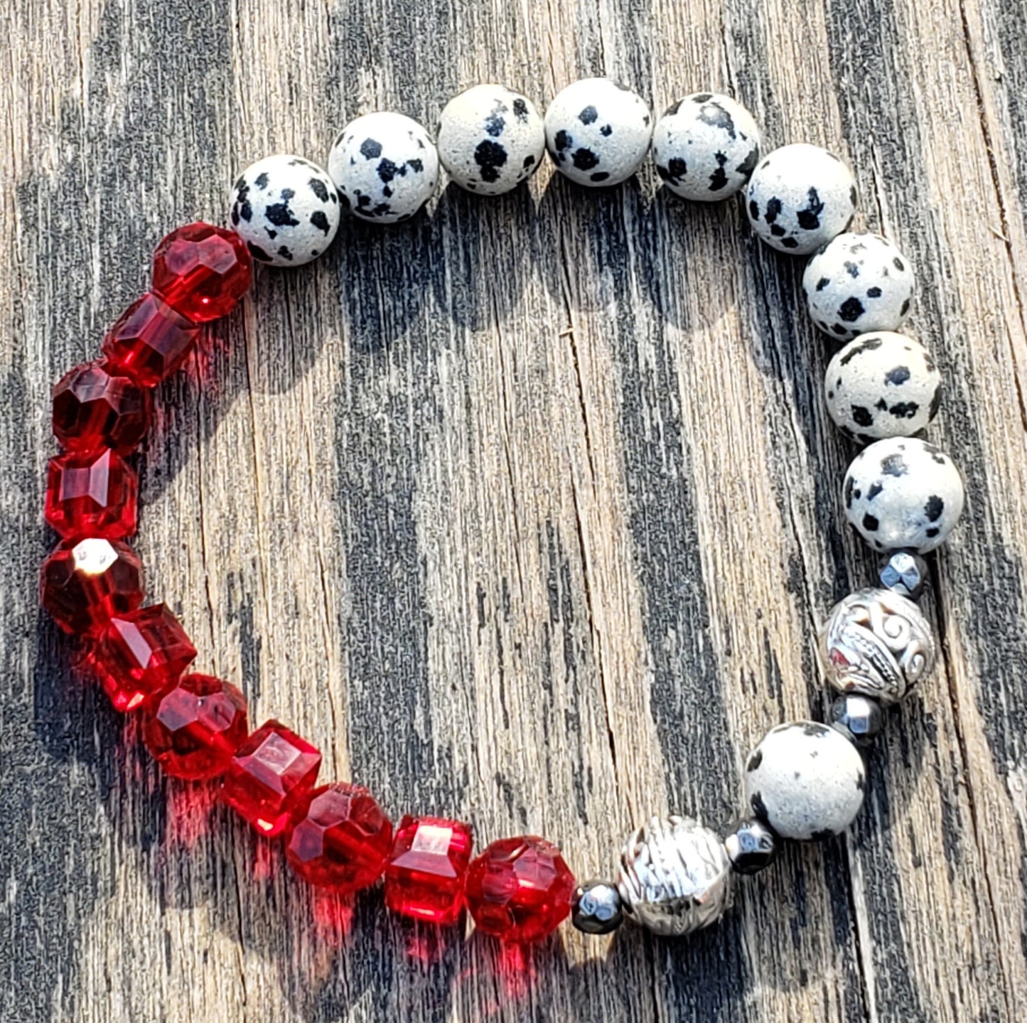 Dalmatian Stone Jasper and Red Glass Stretch Bracelet JL29