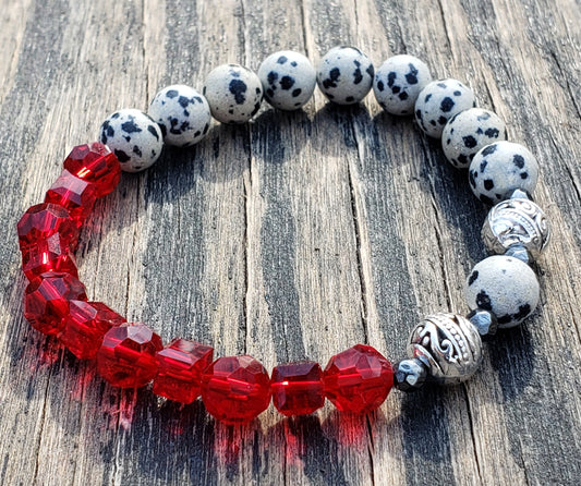Dalmatian Stone Jasper and Red Glass Stretch Bracelet JL29