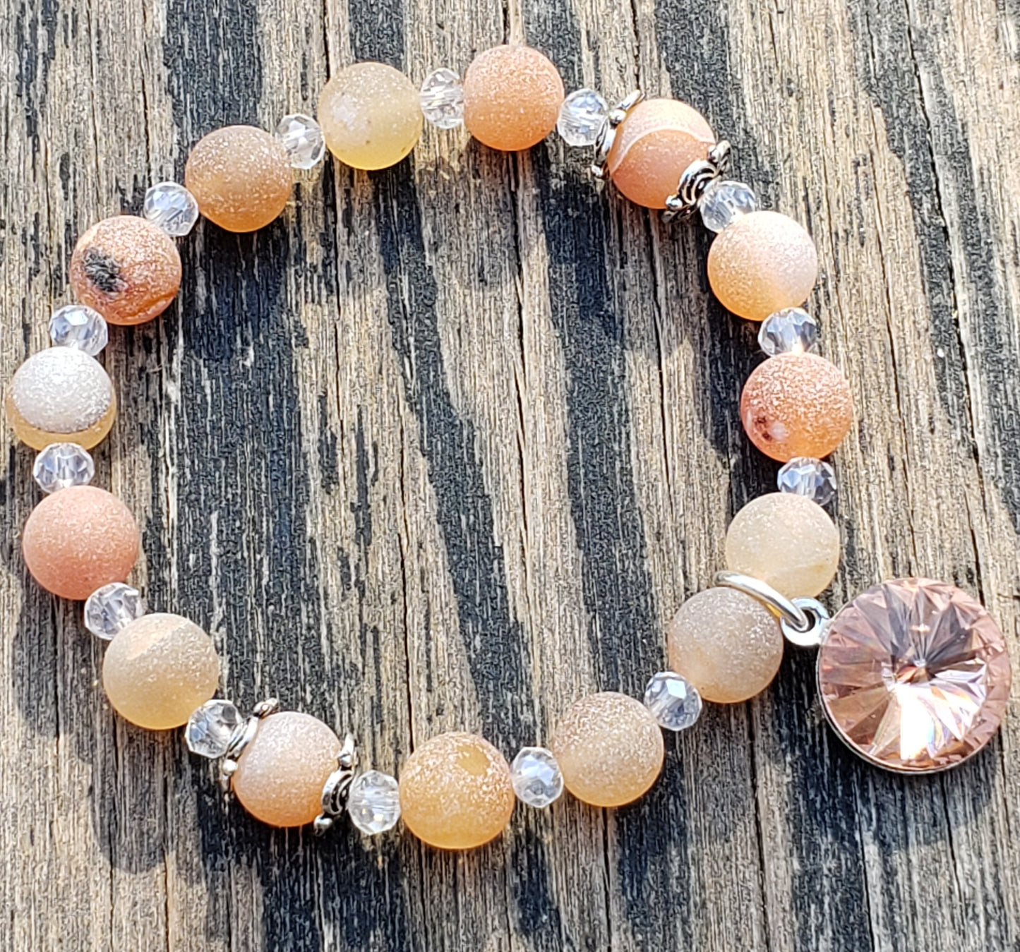 Peach Agate and Glass , with Shiny Rhinestone Stretch Bracelet ItemJL32