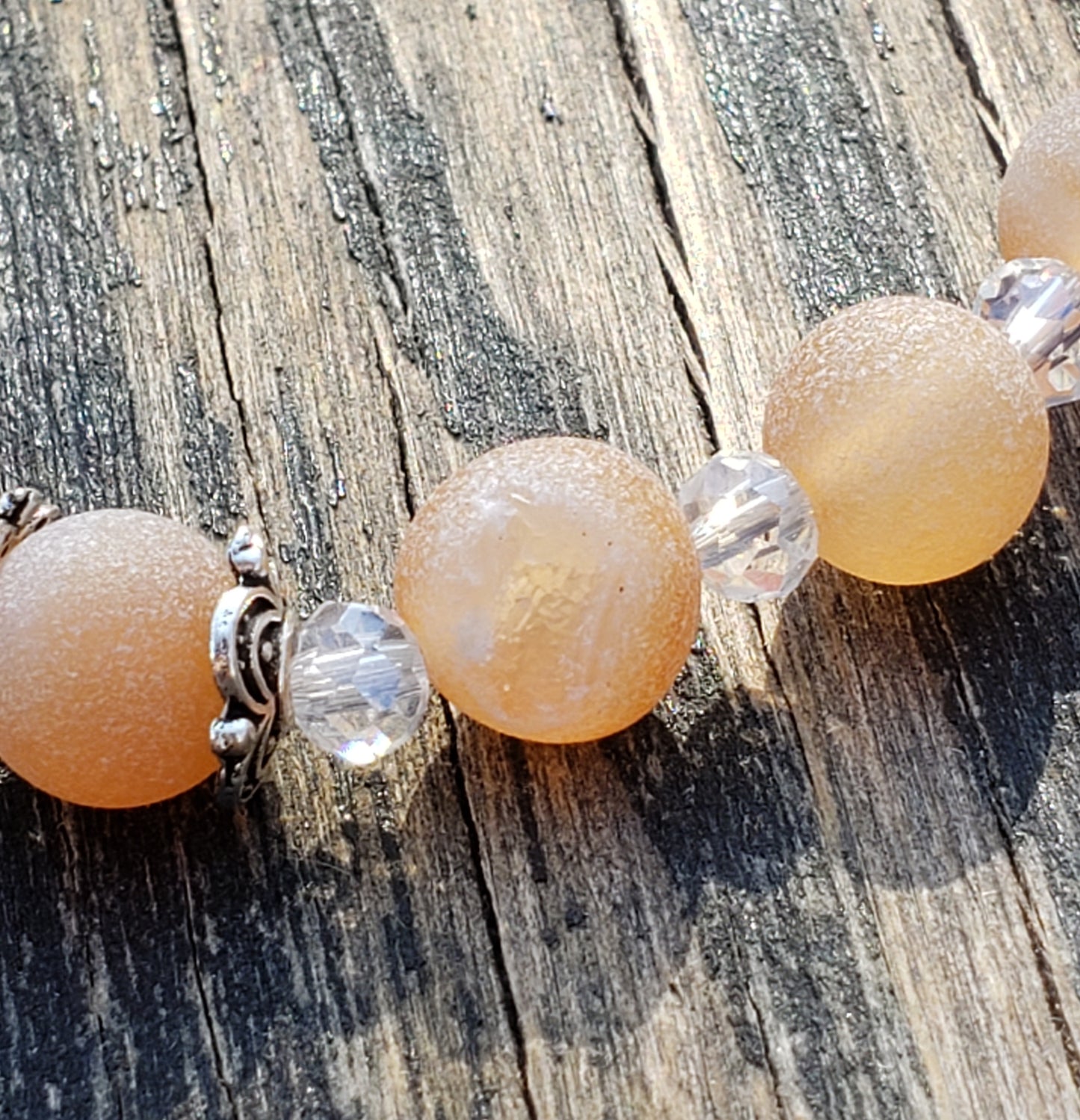 Peach Agate and Glass , with Shiny Rhinestone Stretch Bracelet ItemJL32