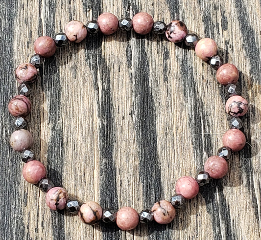 Rhodonite and Hematine Stretch Bracelet Item JL23