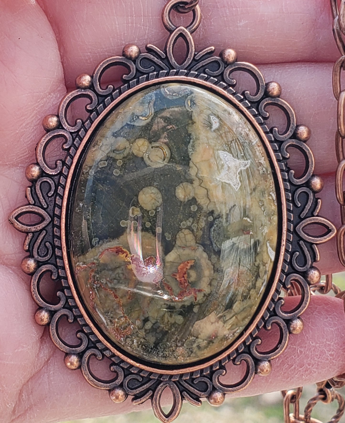 Rainforest Jasper Ryolite and Red Copper Necklace 40x30mm Item JL102