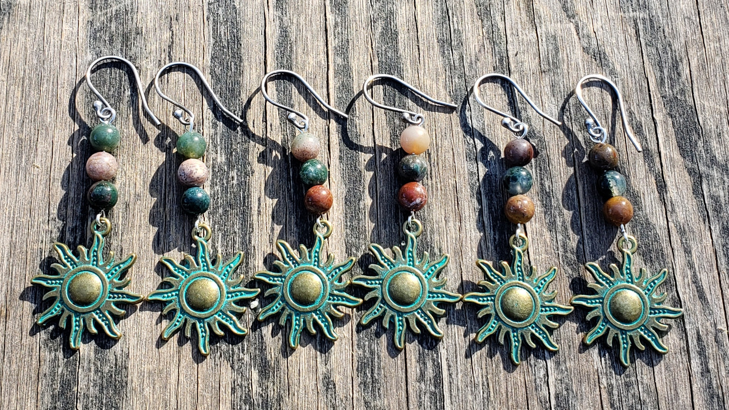 Indian Agate and Green Patina Sun Sterling Silver EarringsItem JL219
