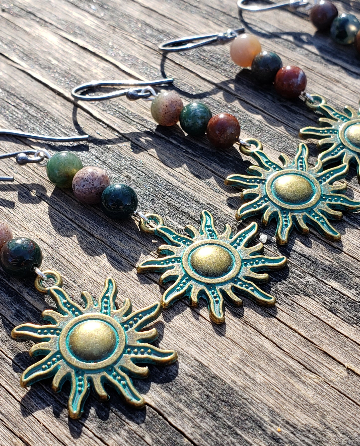 Indian Agate and Green Patina Sun Sterling Silver EarringsItem JL219