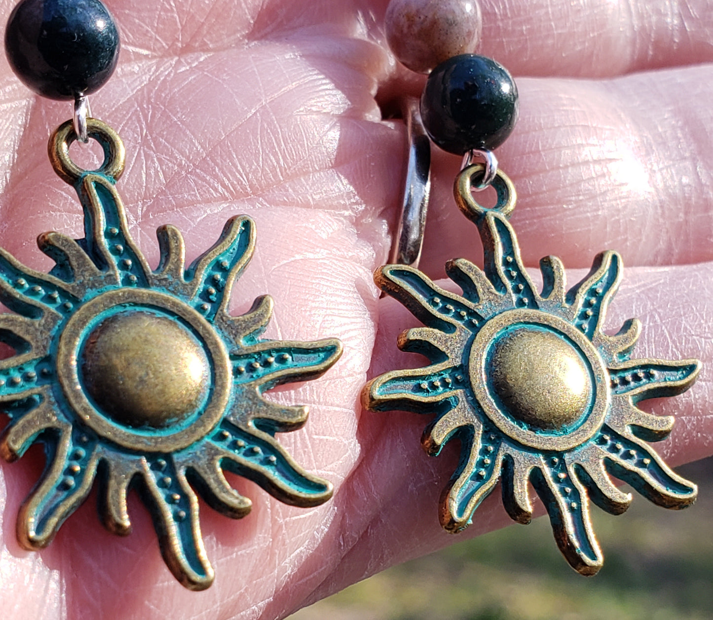 Indian Agate and Green Patina Sun Sterling Silver EarringsItem JL219