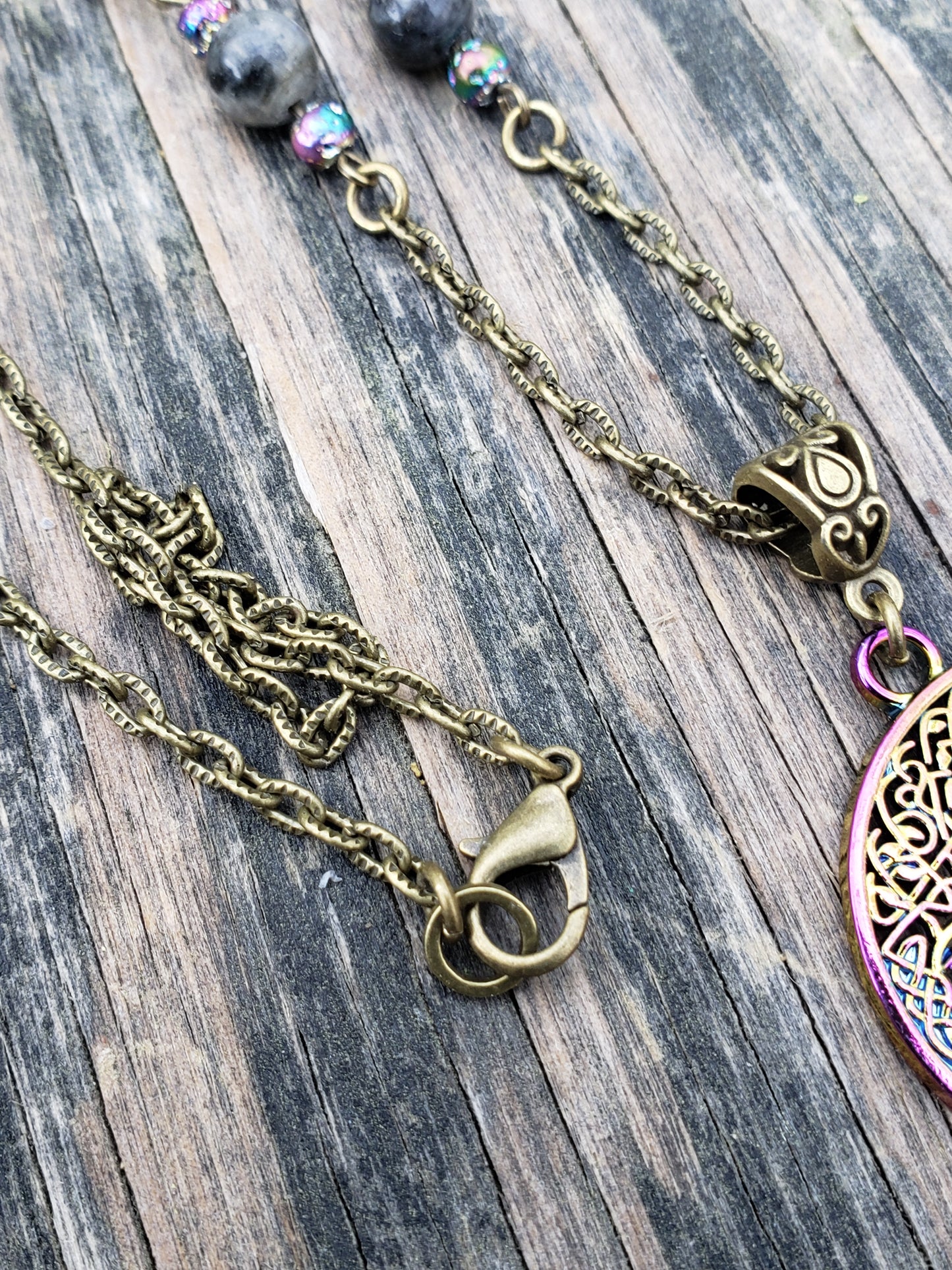 Triple Moon Pentacle Wiccan Pagan Necklace with Larvikite Beads JL221