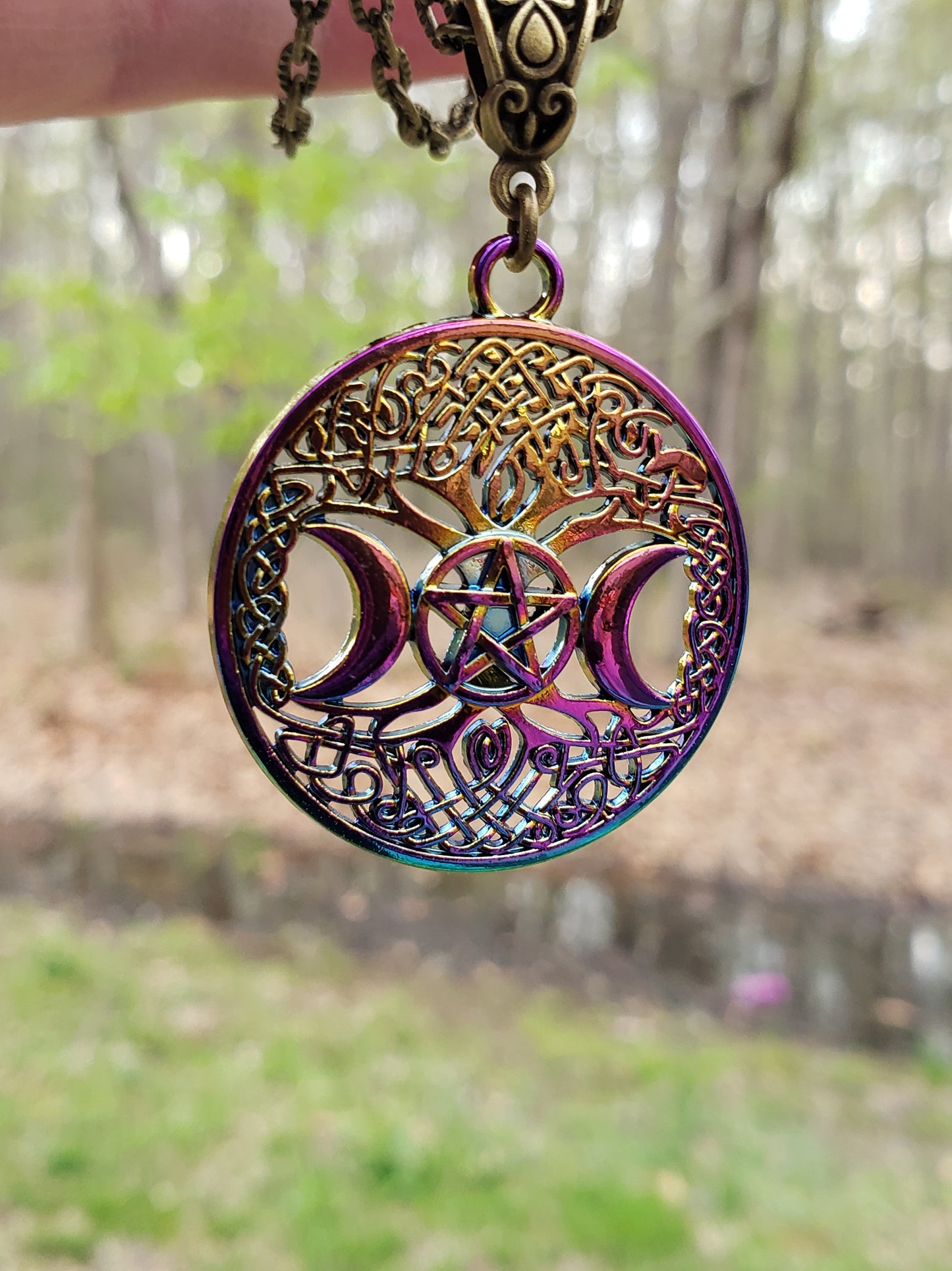 Triple Moon Pentacle Wiccan Pagan Necklace with Larvikite Beads JL221