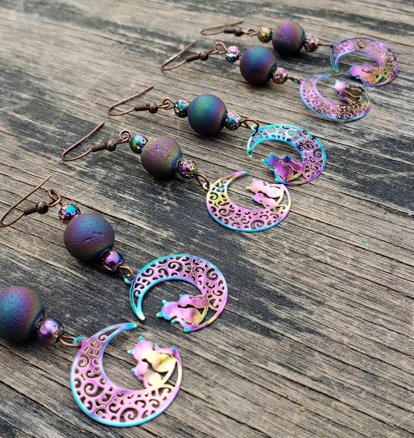 Cat and Moon Earrings with Electroplated Agate and Lava Beads JL220