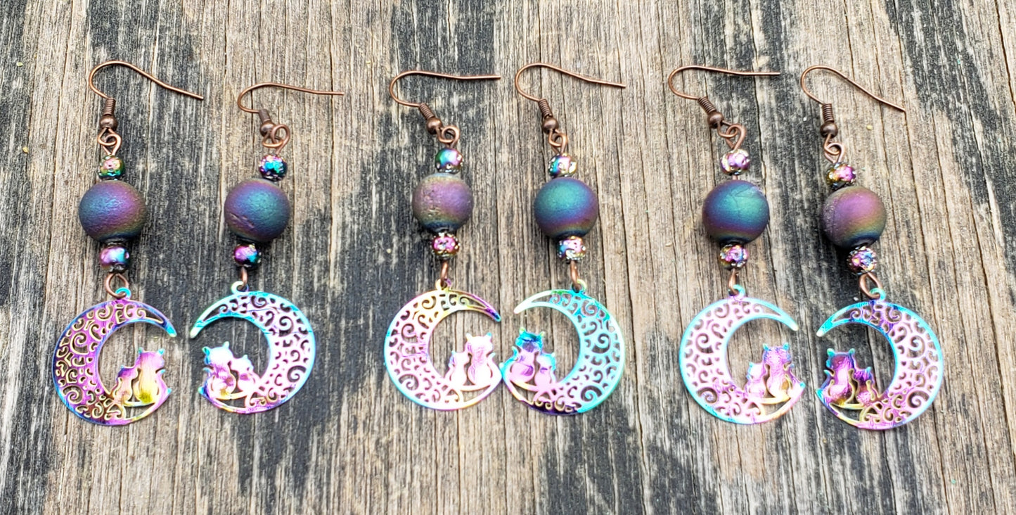 Cat and Moon Earrings with Electroplated Agate and Lava Beads JL220
