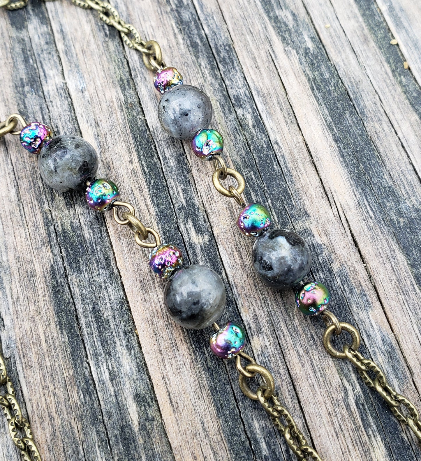 Triple Moon Pentacle Wiccan Pagan Necklace with Larvikite Beads JL221