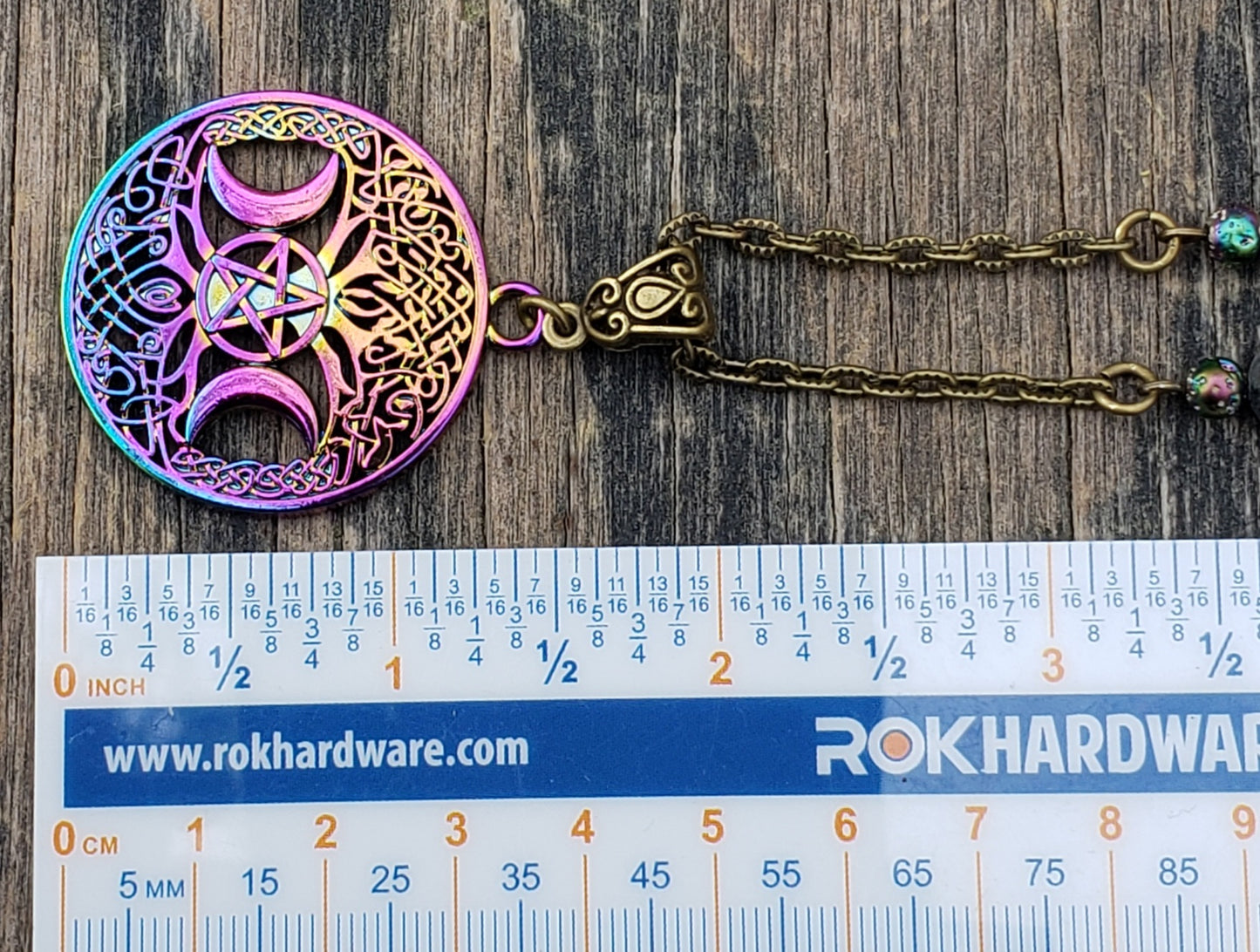 Triple Moon Pentacle Wiccan Pagan Necklace with Larvikite Beads JL221