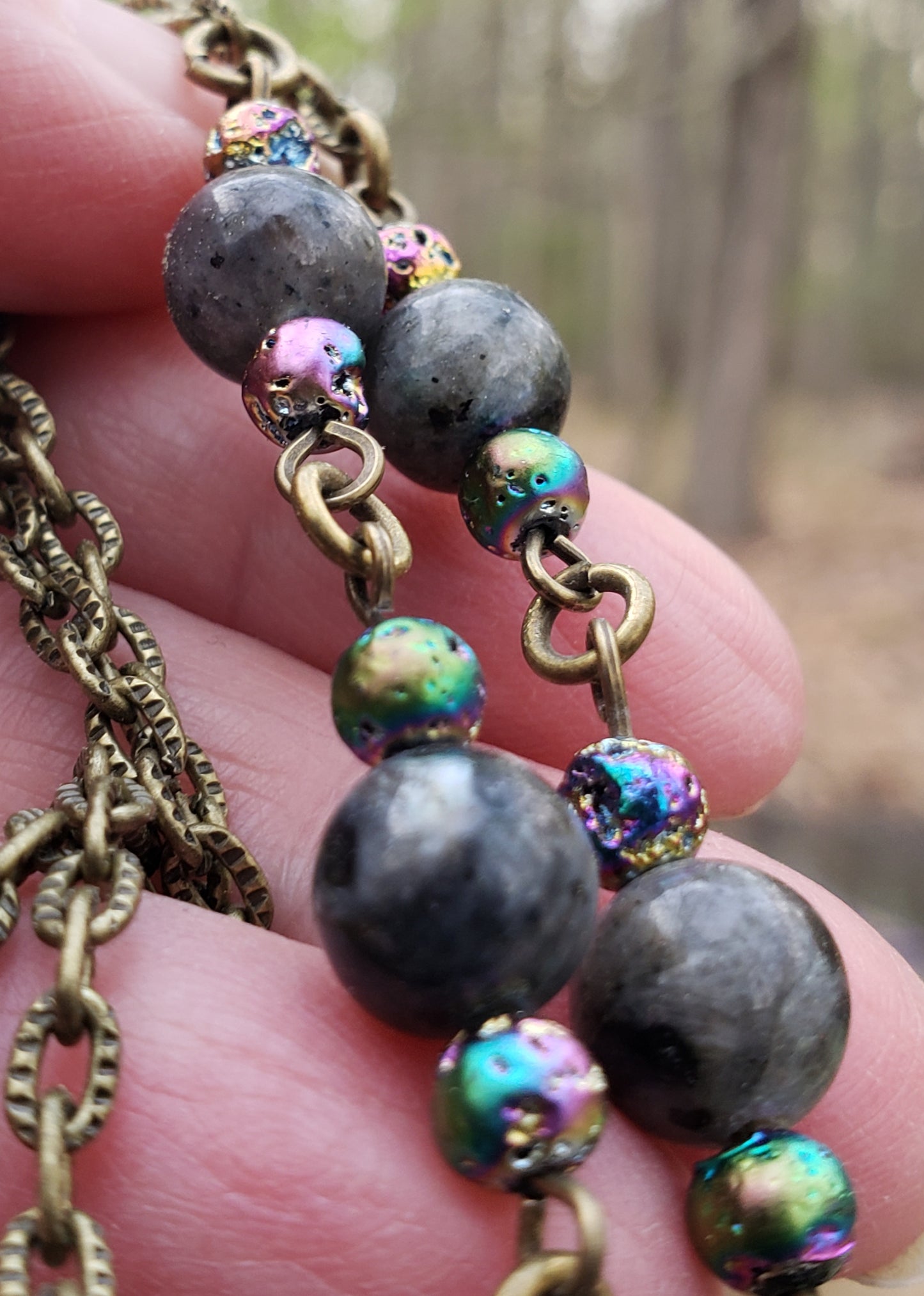 Triple Moon Pentacle Wiccan Pagan Necklace with Larvikite Beads JL221