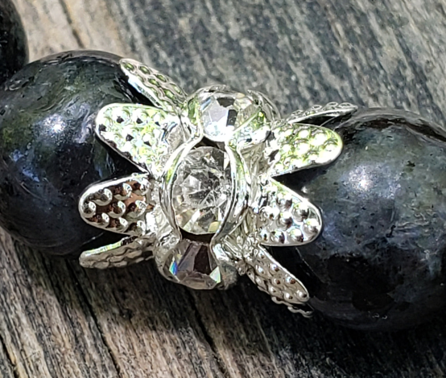 Larvikite, Rhinestone and Heart Stretch Bracelet Item JL203