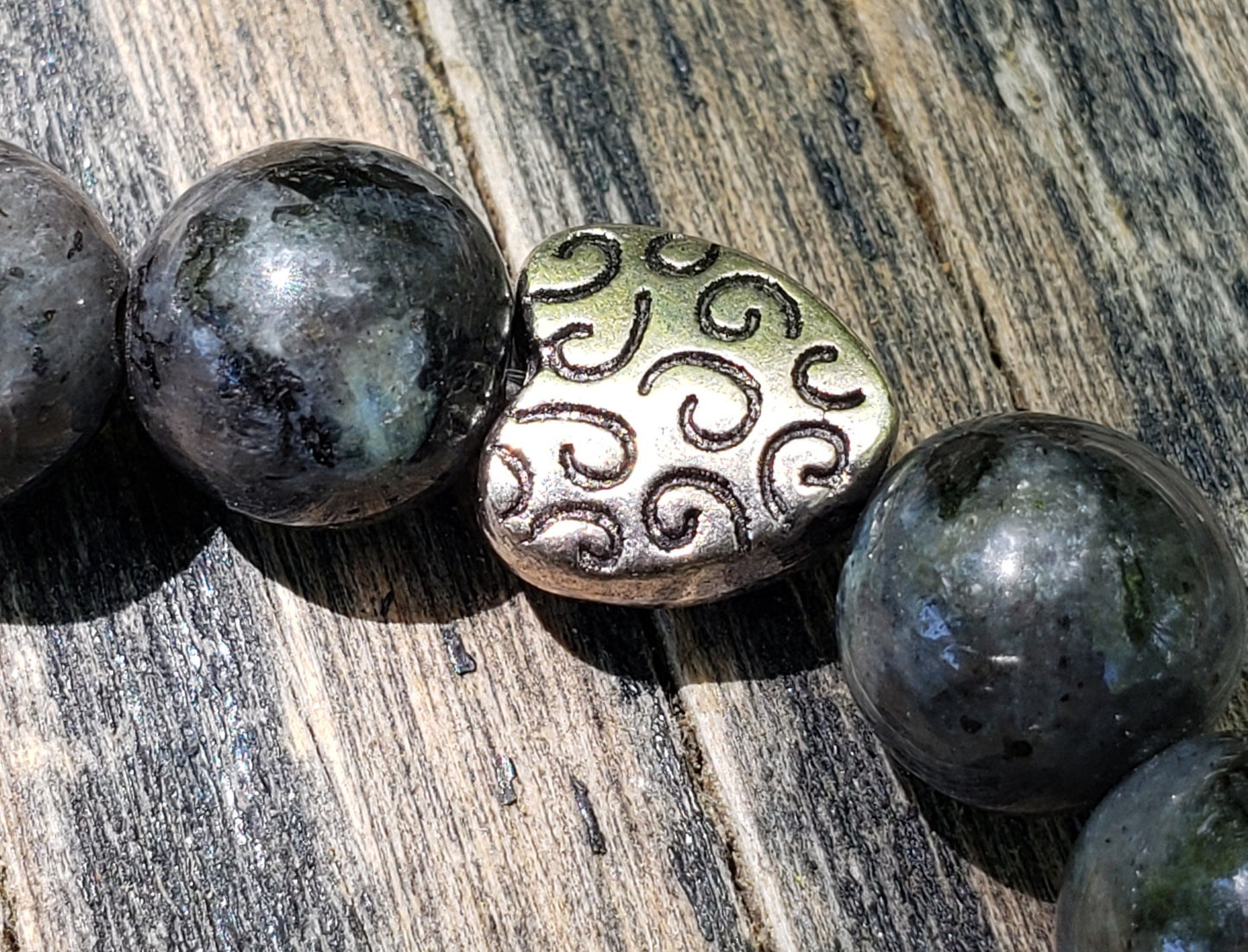 Larvikite, Rhinestone and Heart Stretch Bracelet Item JL203