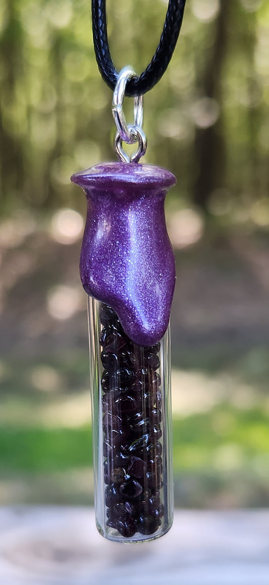 Tumbled Garnets Tall Vase Shape Glass Bottle Necklace Item JL194