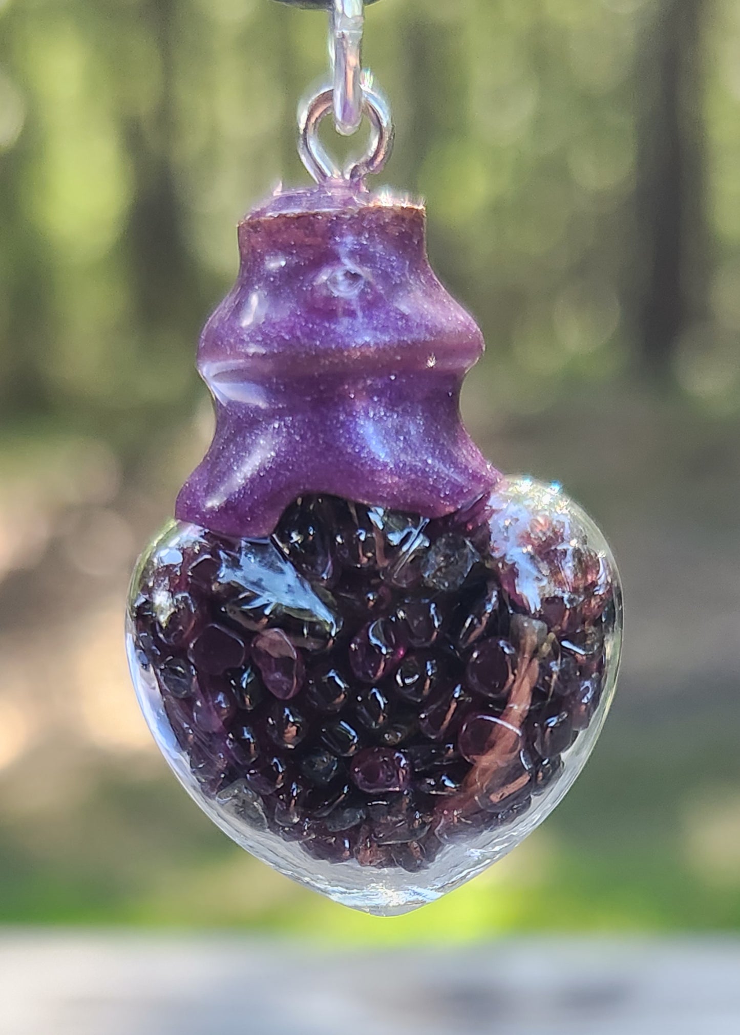 Tumbled Garnets Heart Shape Glass Bottle Necklace Item JL199