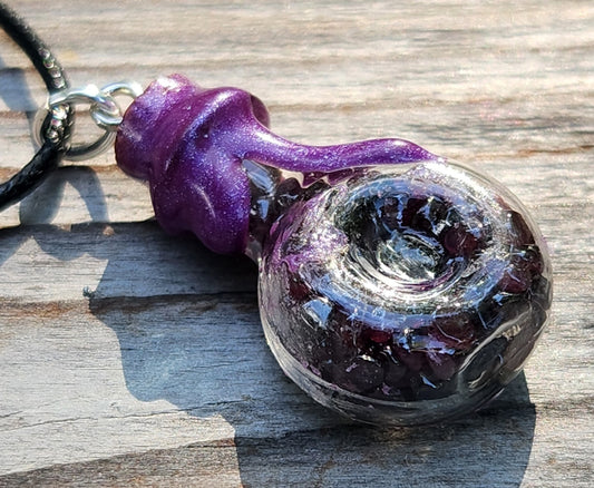 Tumbled Garnets Donut Shape Glass Bottle Necklace Item JL201