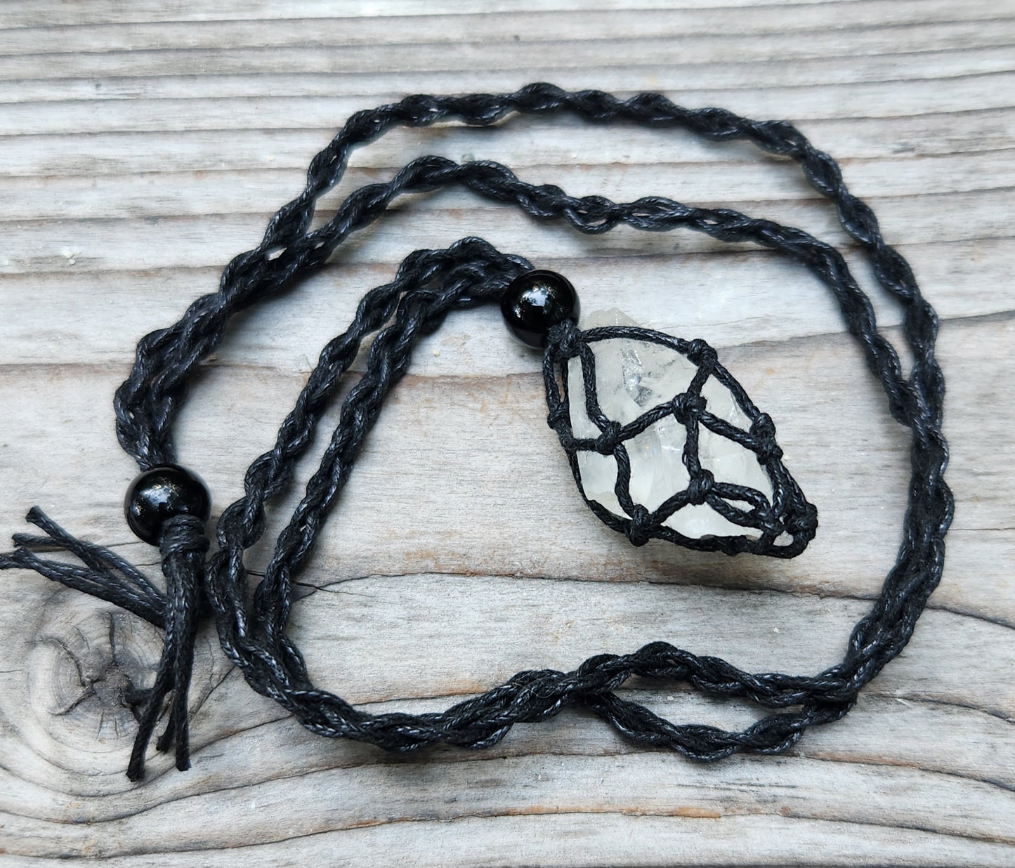 Quartz Crystal with Rainbows Net Macrame Style Necklace Self Tumbled Item JL49