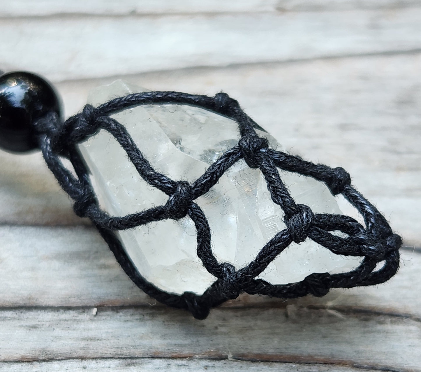 Quartz Crystal with Rainbows Net Macrame Style Necklace Self Tumbled Item JL49