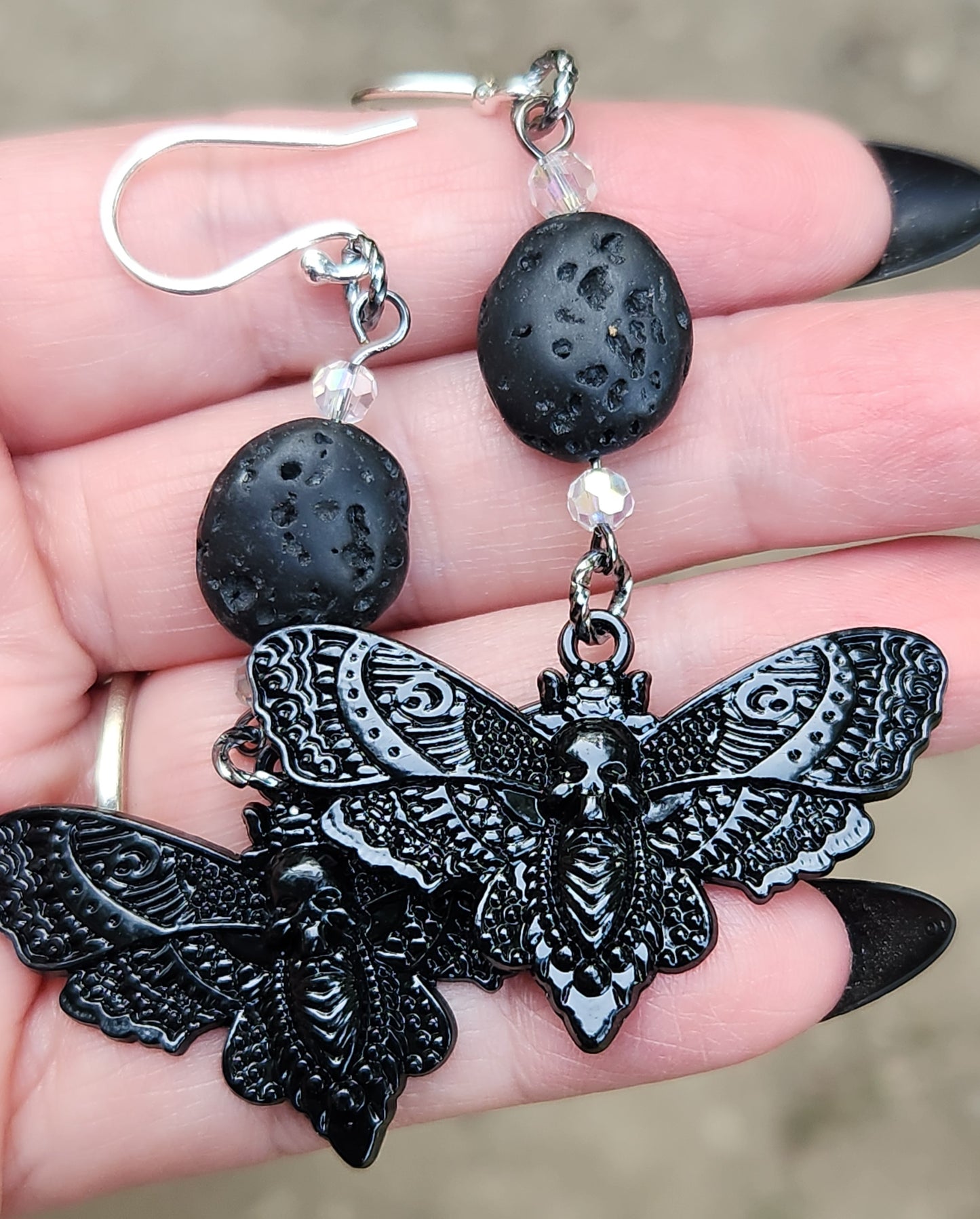 Deaths Head Moth and Lava Bead Sterling Silver Earrings Item JL446