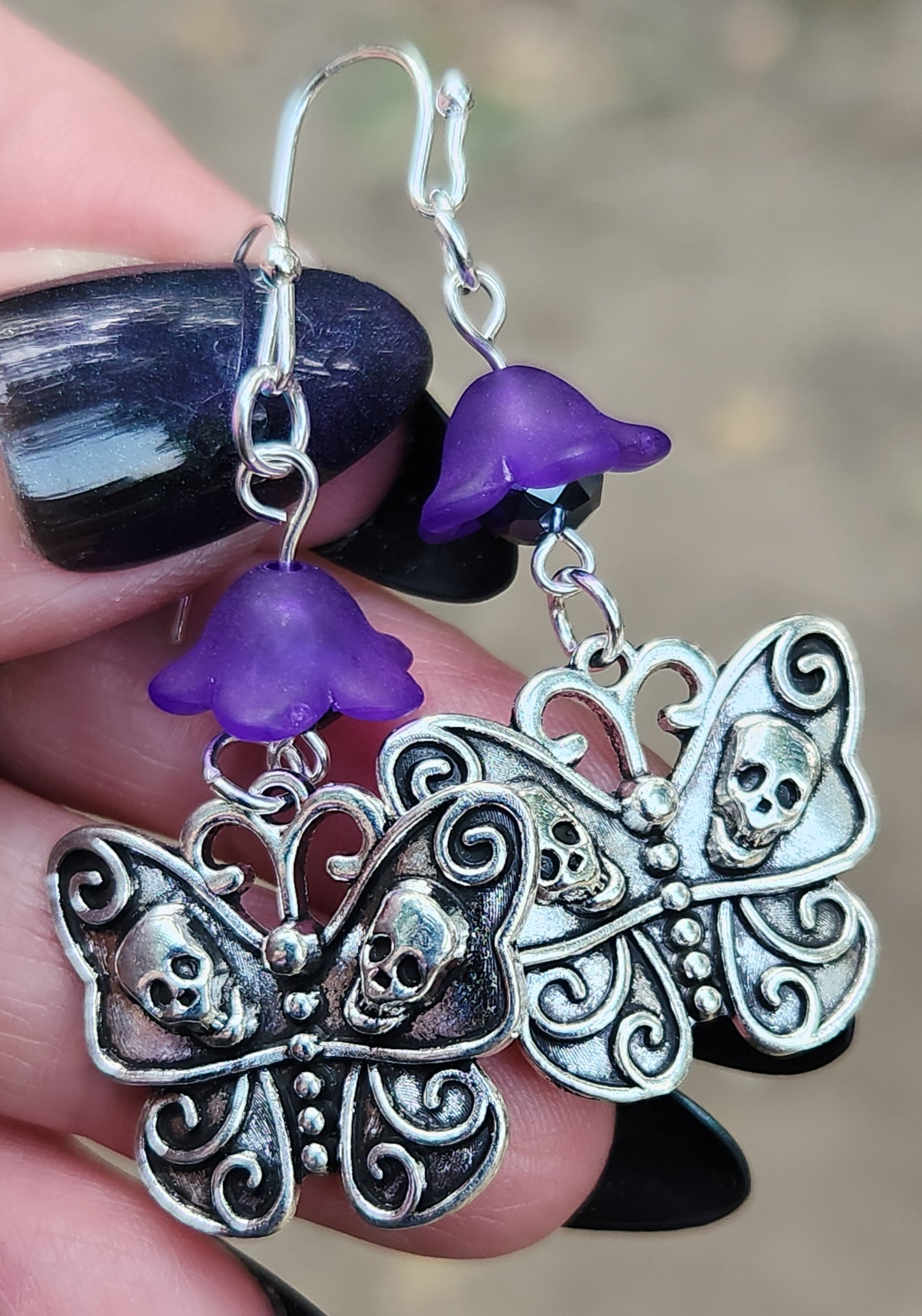 Gothic Butterfly Skull and Purple Flower Sterling Silver Earrings Item JL445
