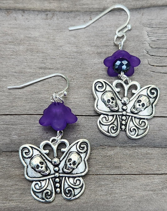 Gothic Butterfly Skull and Purple Flower Sterling Silver Earrings Item JL445