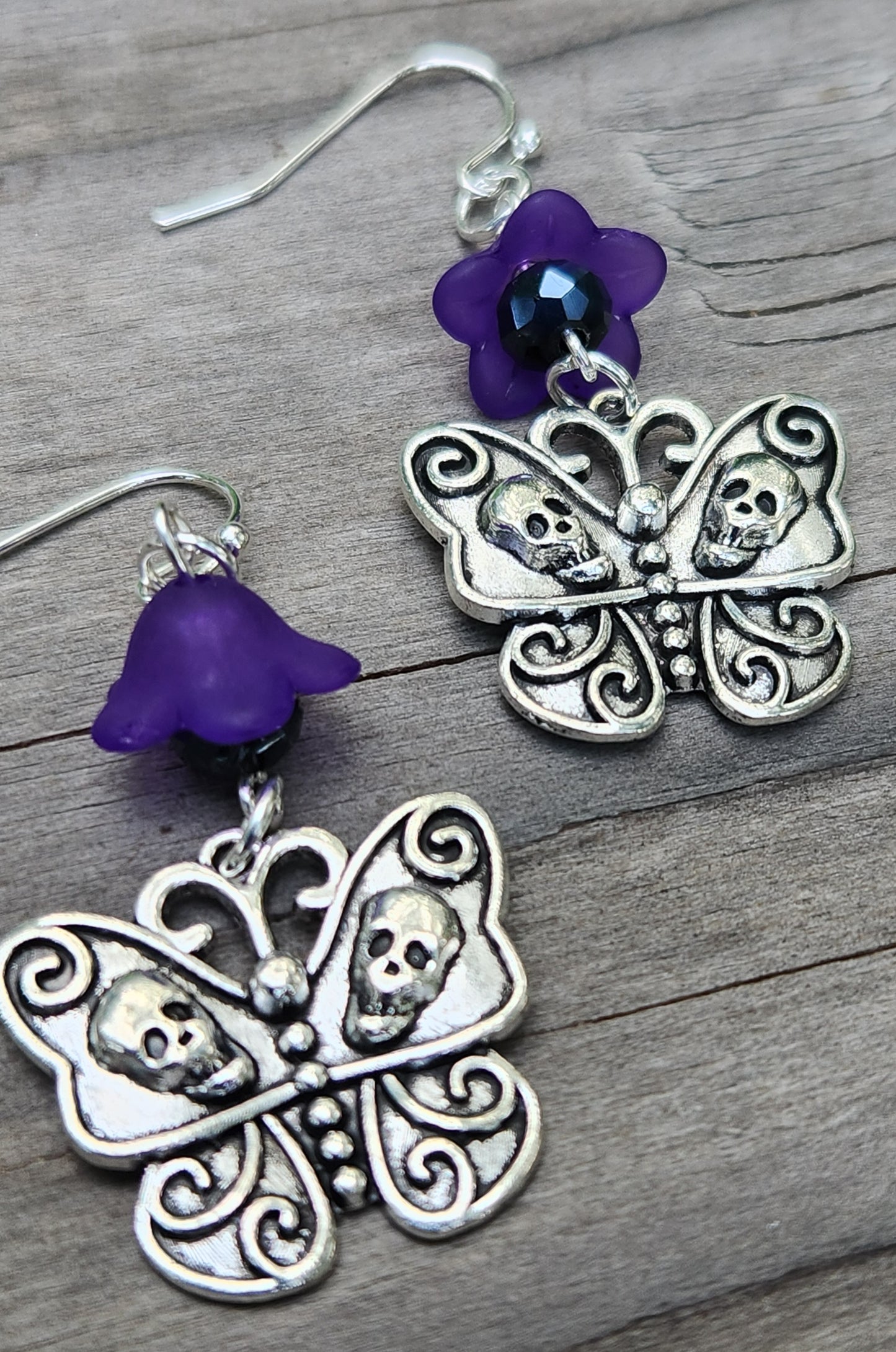 Gothic Butterfly Skull and Purple Flower Sterling Silver Earrings Item JL445